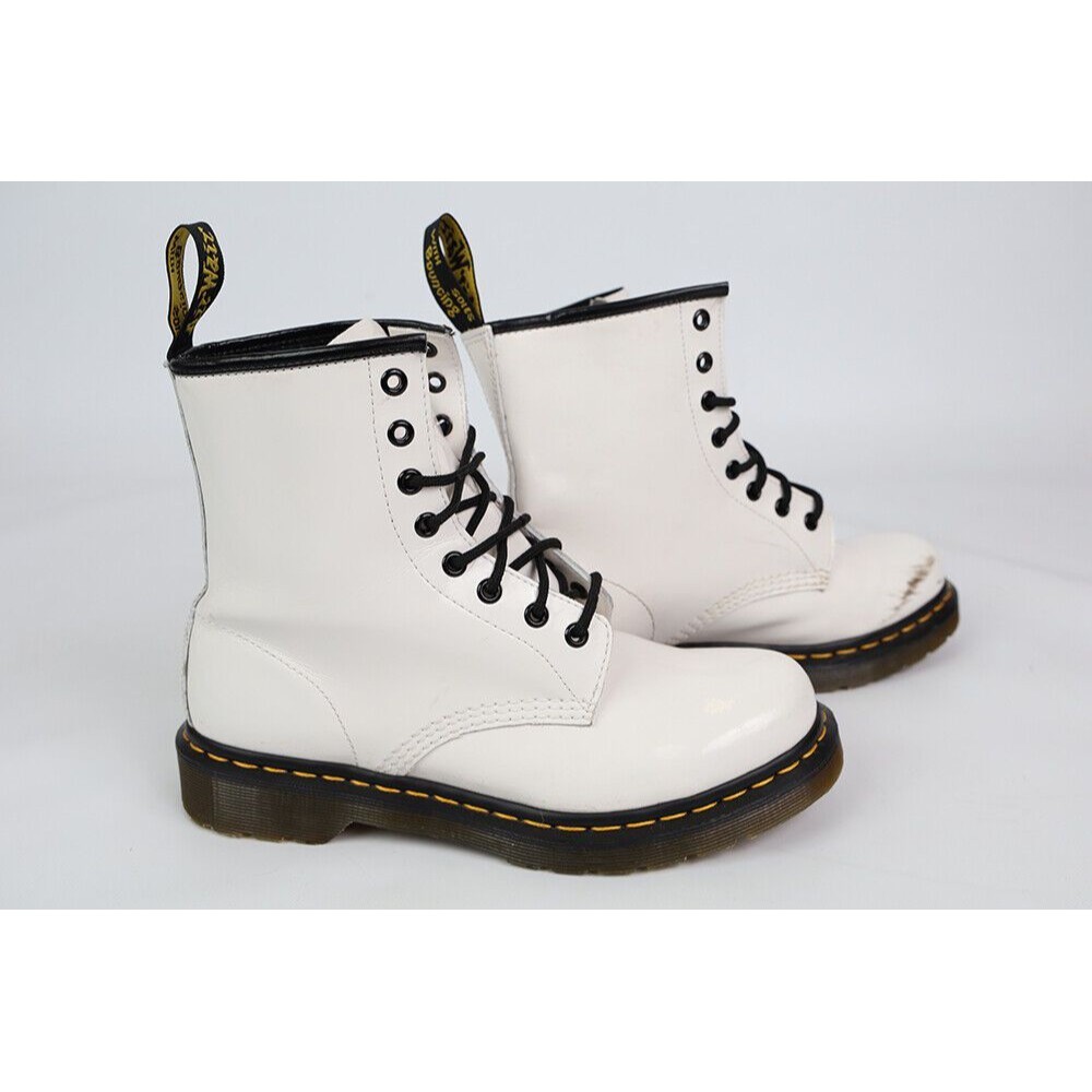 White Dr. Marten AirWair patent leather rubber bouncing sole lace up ankle boots
